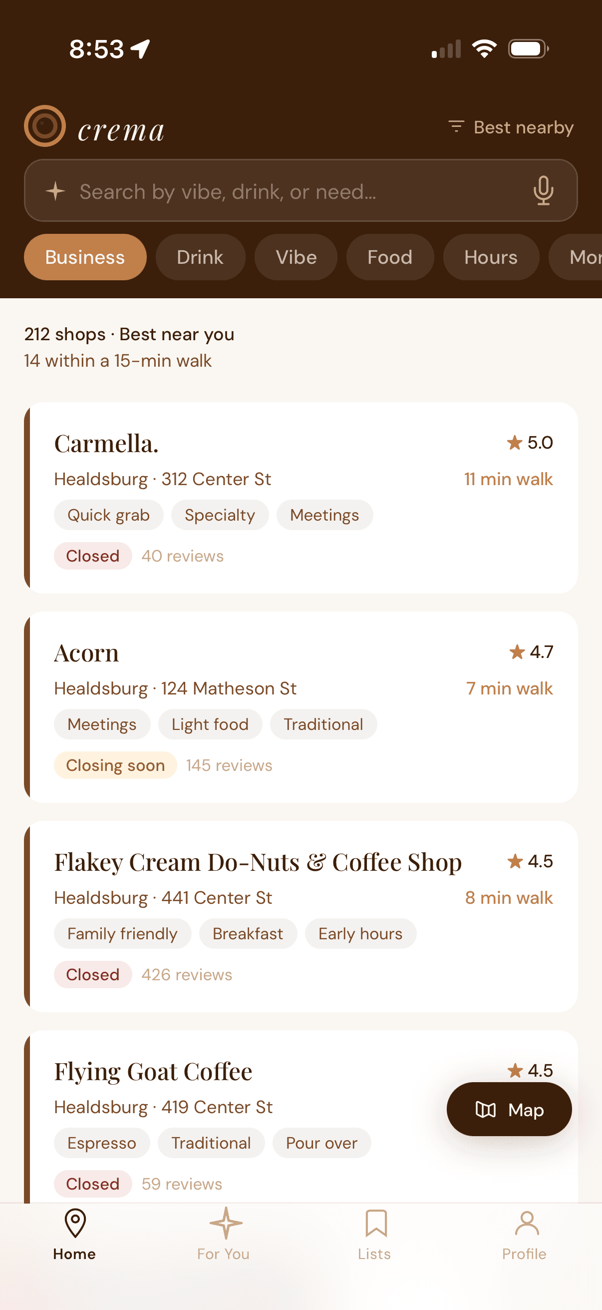 Crema home screen showing nearby coffee shops