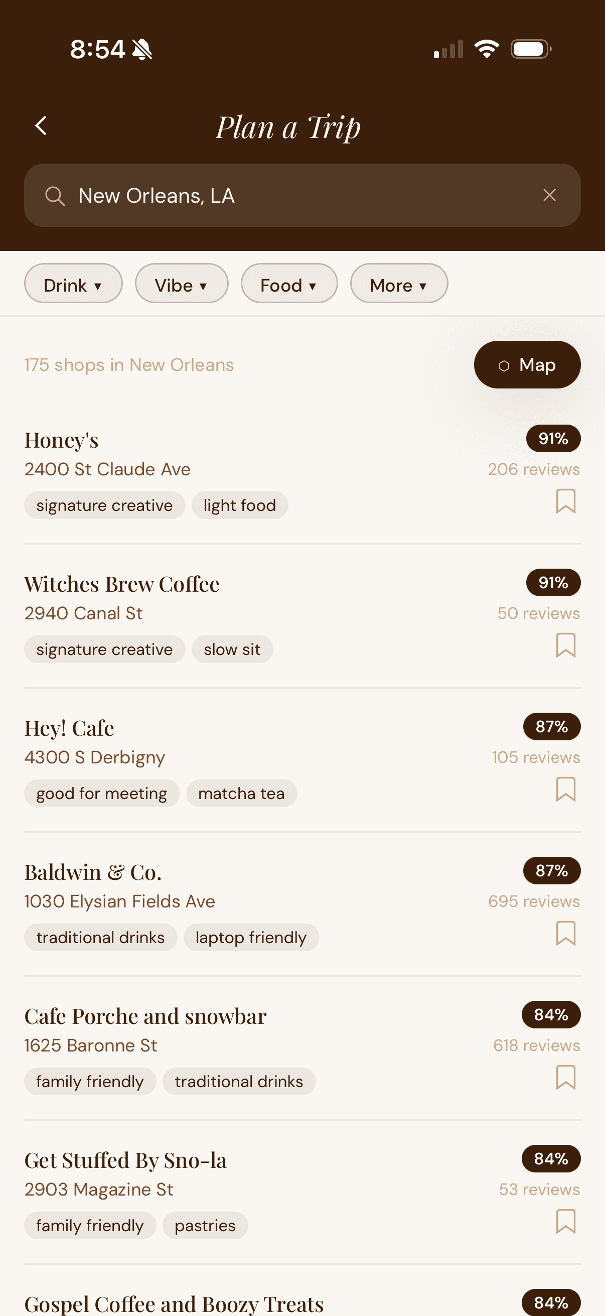 Crema trip planner screen